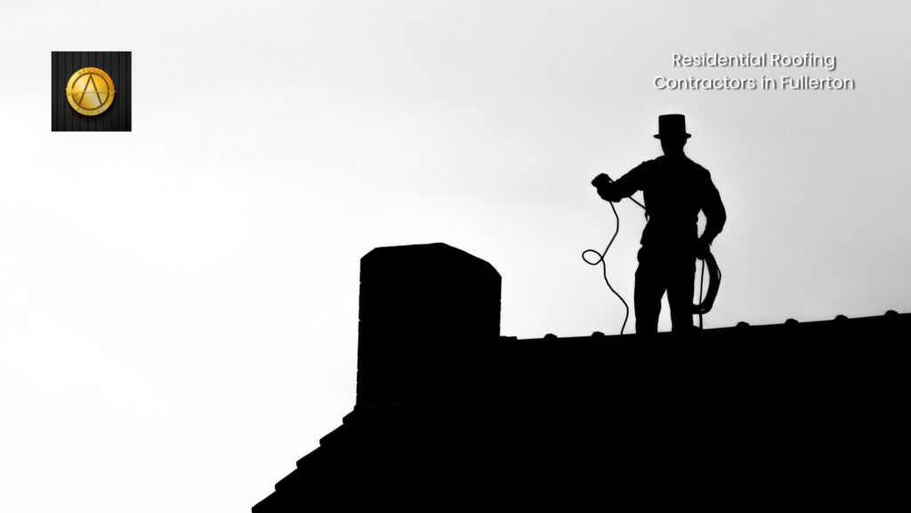 Silhouette of a person in a top hat holding a rope on a rooftop next to a chimney. The background is white, and text reads Fullerton roofing experts—residential roofing contractors in Fullerton—in the upper right corner.