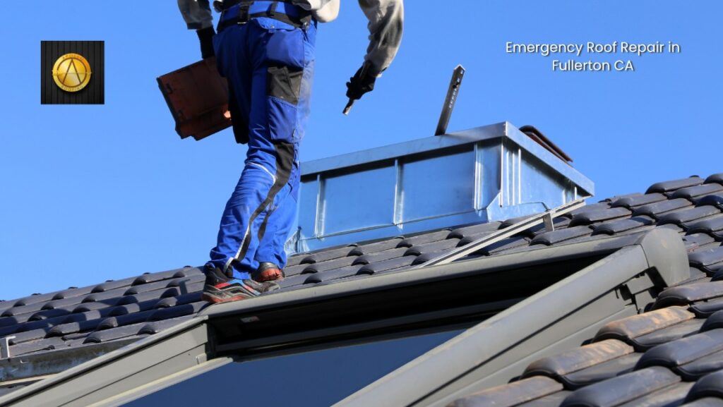 A person in blue work pants and a white shirt stands on a tiled roof near a metal chimney, holding a toolbox. Text reads, Emergency Roof Repair in Fullerton CA—busting roof maintenance myths. A logo appears in the top left corner.